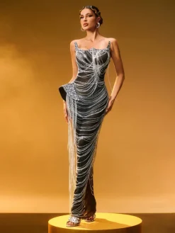 Embellishment | Dresses*Embellishment Zories Strapless Crystal Chain Fringe Maxi Dress