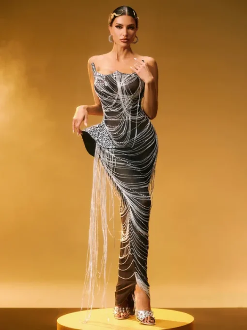 Embellishment | Dresses*Embellishment Zories Strapless Crystal Chain Fringe Maxi Dress